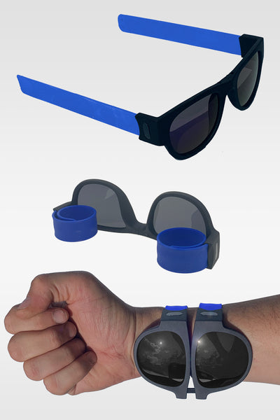 Folding Sunglasses with Slap Bracelet Arms - BLUE ARMS / POLARIZED LENSES