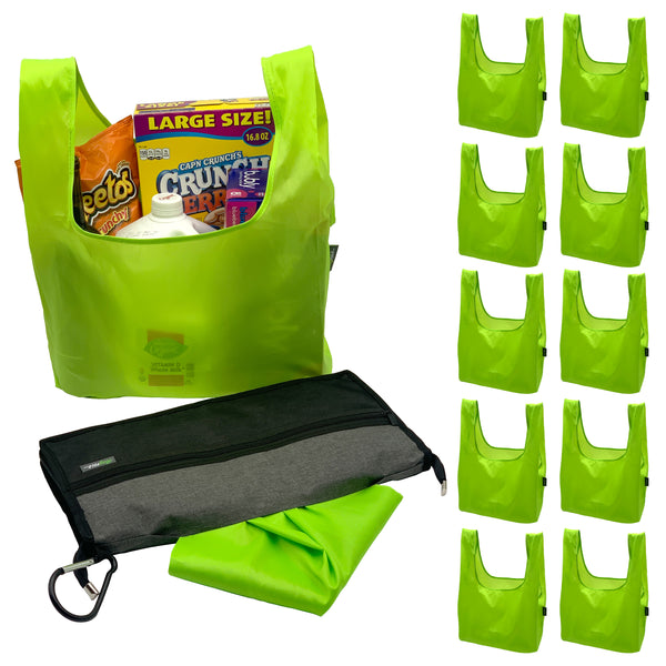 BagFold FAMILY - 10 Reusable Eco-Friendly Grocery Bags For Shopping In A Dispensing Pouch; Features Carabiner Clip & Coupon Pouch